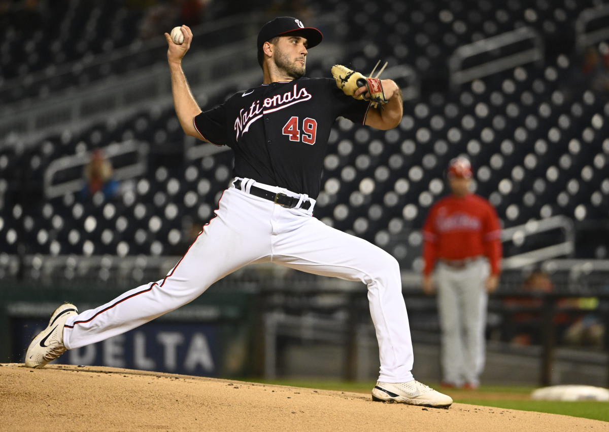 Washington Nationals starting pitcher Tommy Romero throws to the Philadelphia Phillies during the first inning at Nationals Park. (2022)